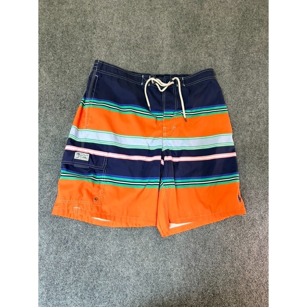 Polo Ralph Lauren Mens Orange Blue Striped Kailua Swim Trunks Shorts Size XL